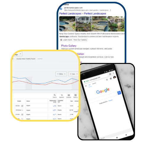 Graphic collage showing a sponsored search result listing, an ad campaign dashboard with performance metrics, and a mobile phone displaying Google search