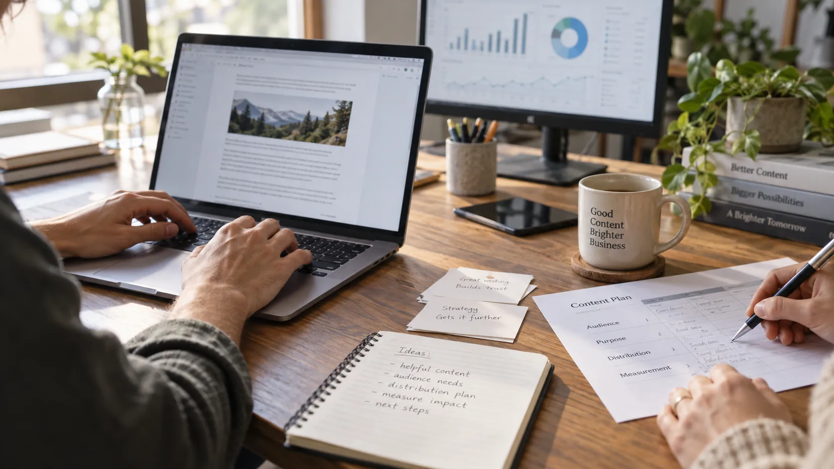 Content writer drafting a blog post beside a colleague reviewing a content marketing strategy and analytics.